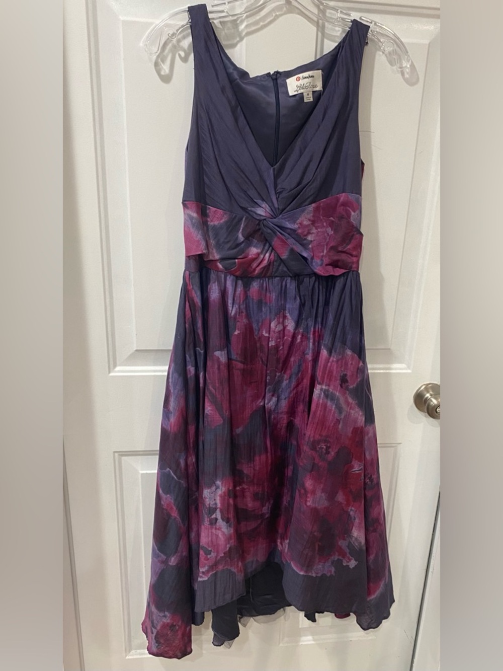 Purple watercolor floral high-low dress Lela Rose Neiman Marcus collaboration